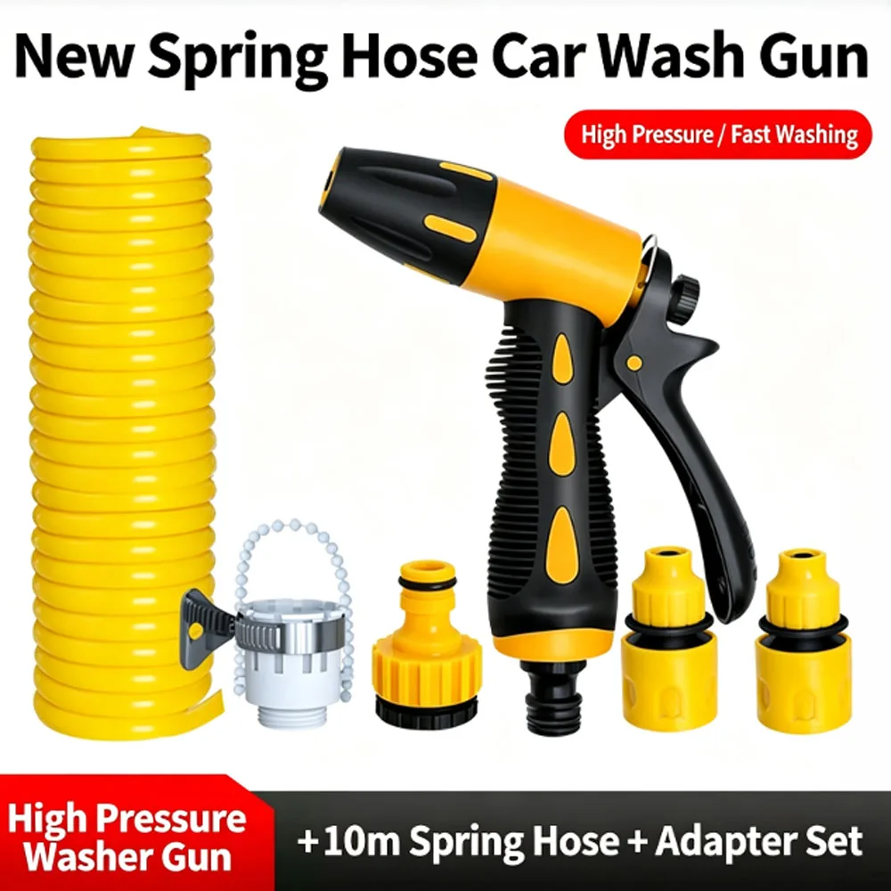 Car Wash Gun Spring Retractable Water Hose Adjustable Nozzle Home Car Cleaning Garden Watering With Faucet Adapter Kits