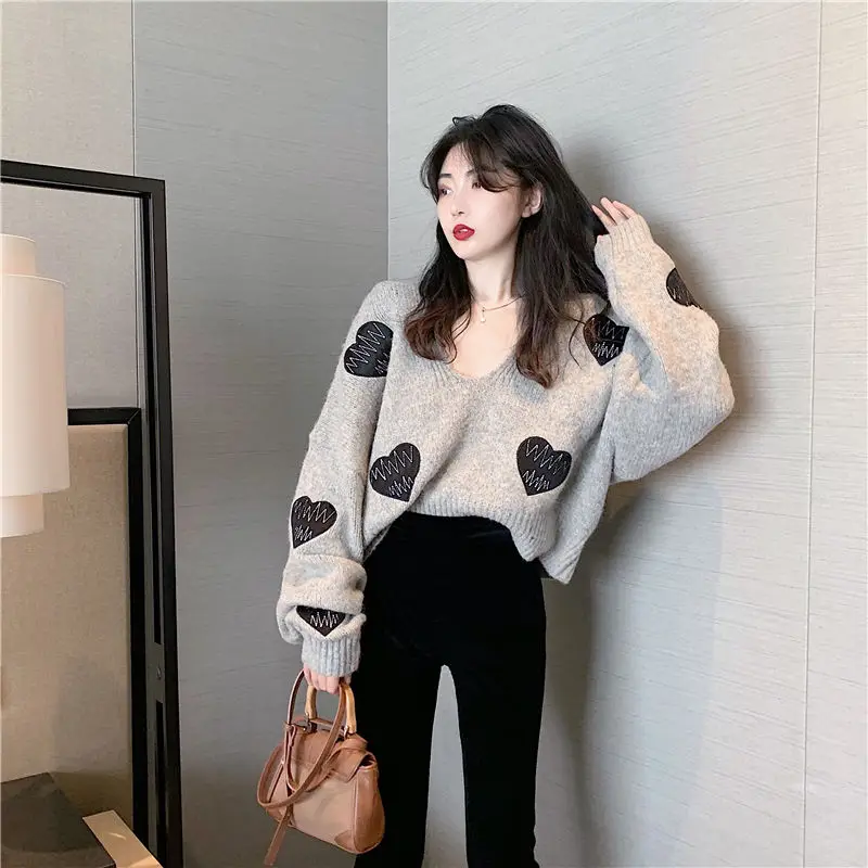 Long Sleeve Knitting Printing Ladies Pullovers Casual Autumn Winter Thin Interior Lapping Sweet Women\'s Clothing V-neck Sweaters