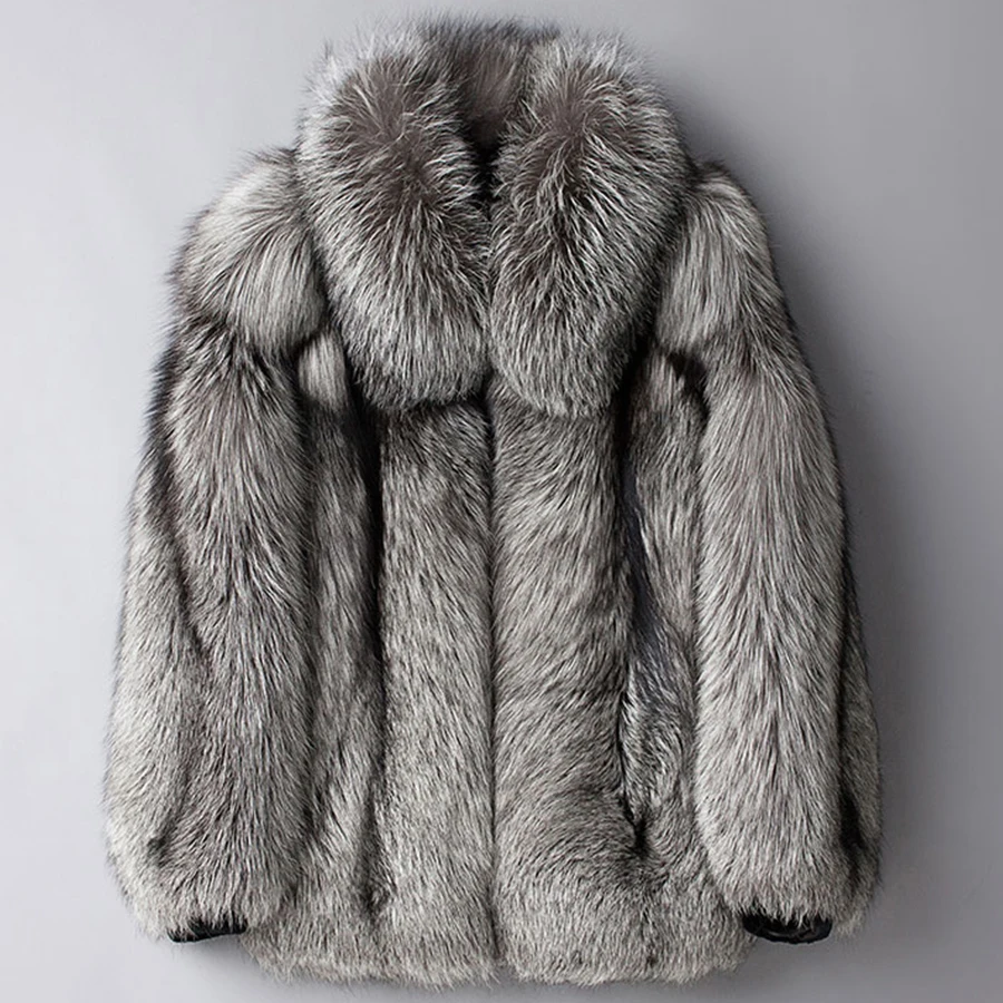 Genuine Fox Fur Coat Winter Coat With Silver Fox Lapel High Quality Mid-Length Men's Fur Jacket With Zipper