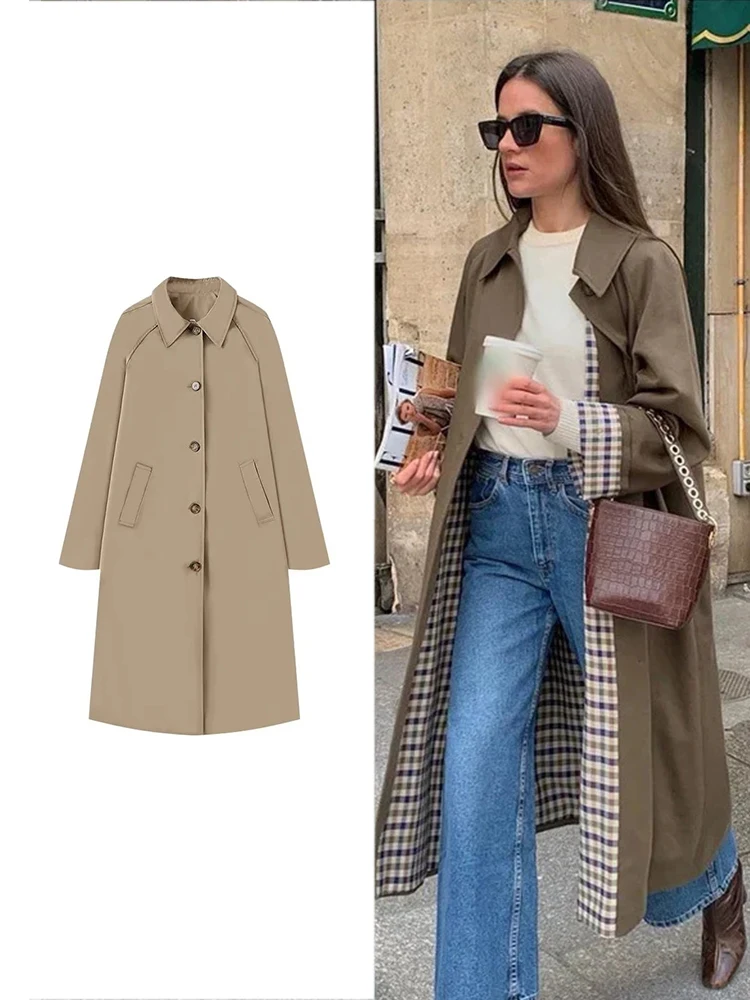 TRAF Women's Fashion Long Trench Coat Retro Loose Single-breasted Coat Autumn and Winter Lapel High Street Temperament Coat