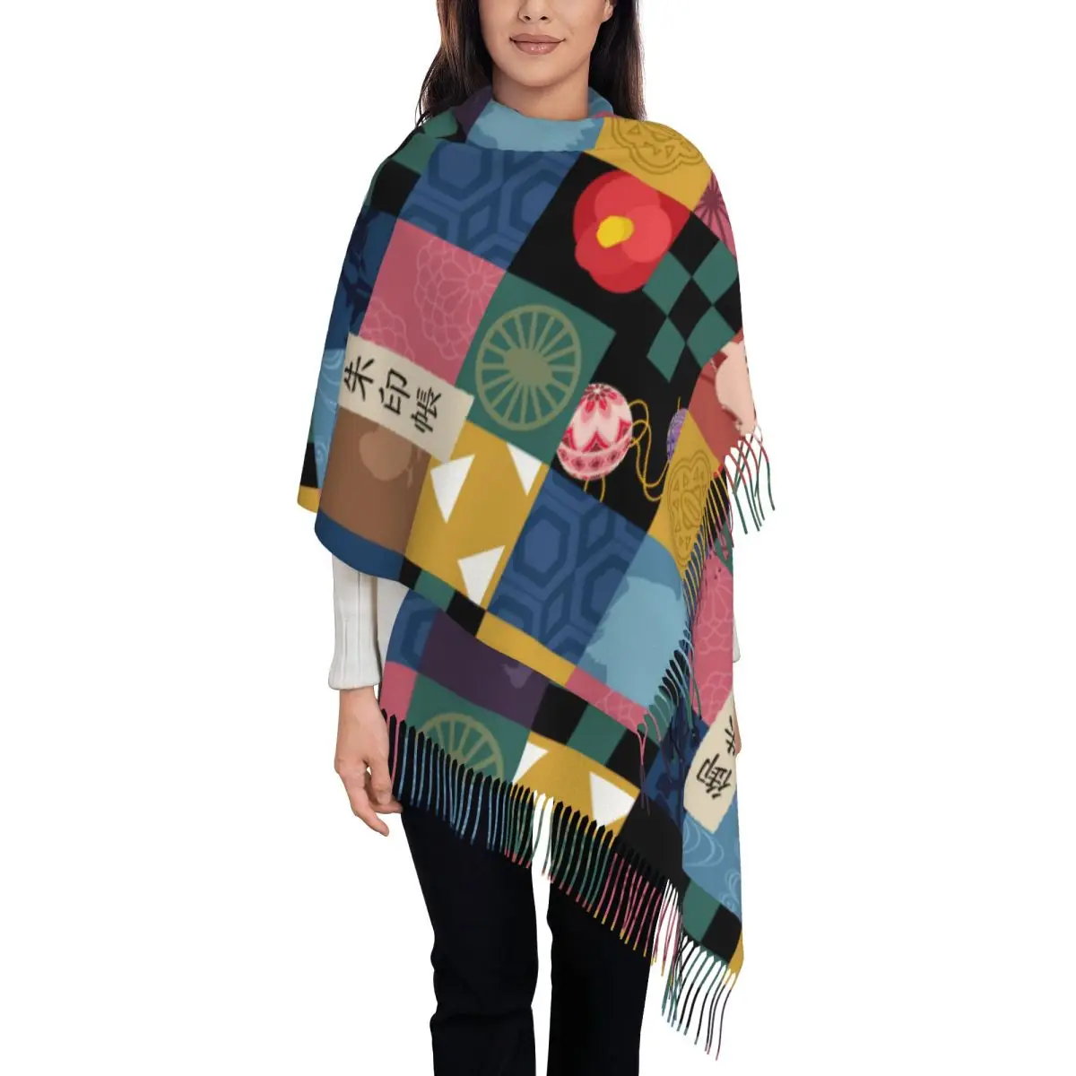 

Женский шарф с кисточками Demon Slayer, большая мягкая теплая шаль и накидка Kimetsu No Yaiba, аниме-подарки, кашемировый шарф