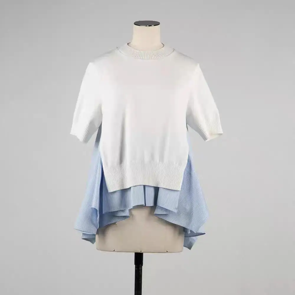 

FOG SACAI Весенний новый вязаный топ Irt Splicing ort Sve, женский повседневный топ из смеси хлопка премиум-класса в полоску с узором