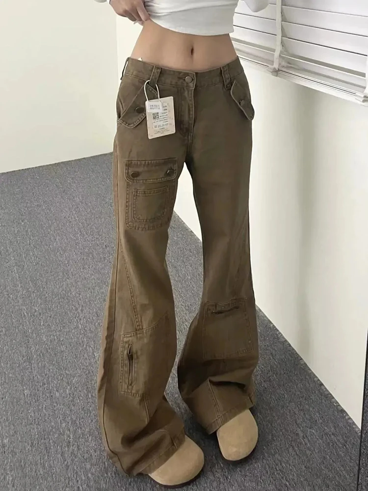 American Streetwear Women Flared Jeans Autumn High Waist Khaki Slim Cargo Trousers Y2K Vintage All Match Denim Pants Female
