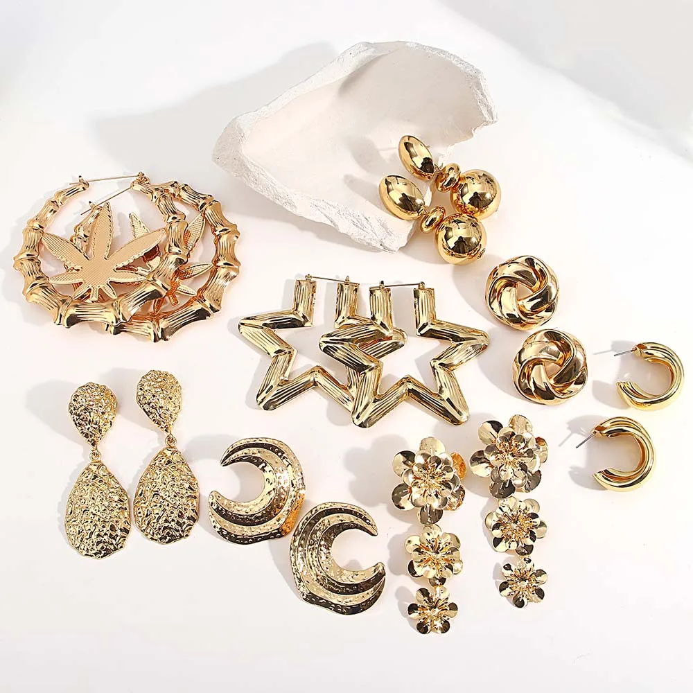 Freetry Vintage Gold Color Dangle Earrings for Women Geometric Flower Star Moon Heart Hoop Earrings Fashion Jewelry Gifts image 3