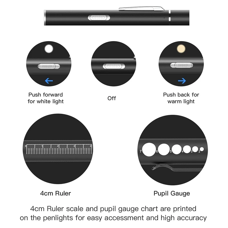 3 Rechargeable Penlights With Pupil Gauge & Ruler, LED Pen Lights For Nurses Doctors, Warm/White Light, Easy Install Black