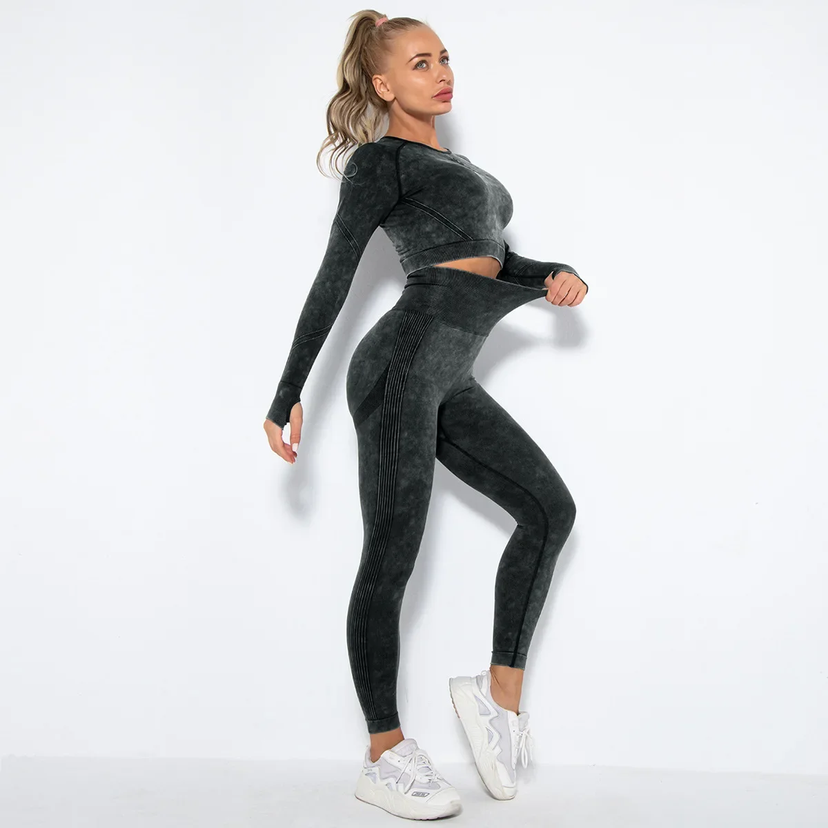 Women's New Seamless Washed Smiling Face Yoga Set, Sports Fitness Long Sleeved Top, Hip Lifting Yoga Pants Two-piece Set