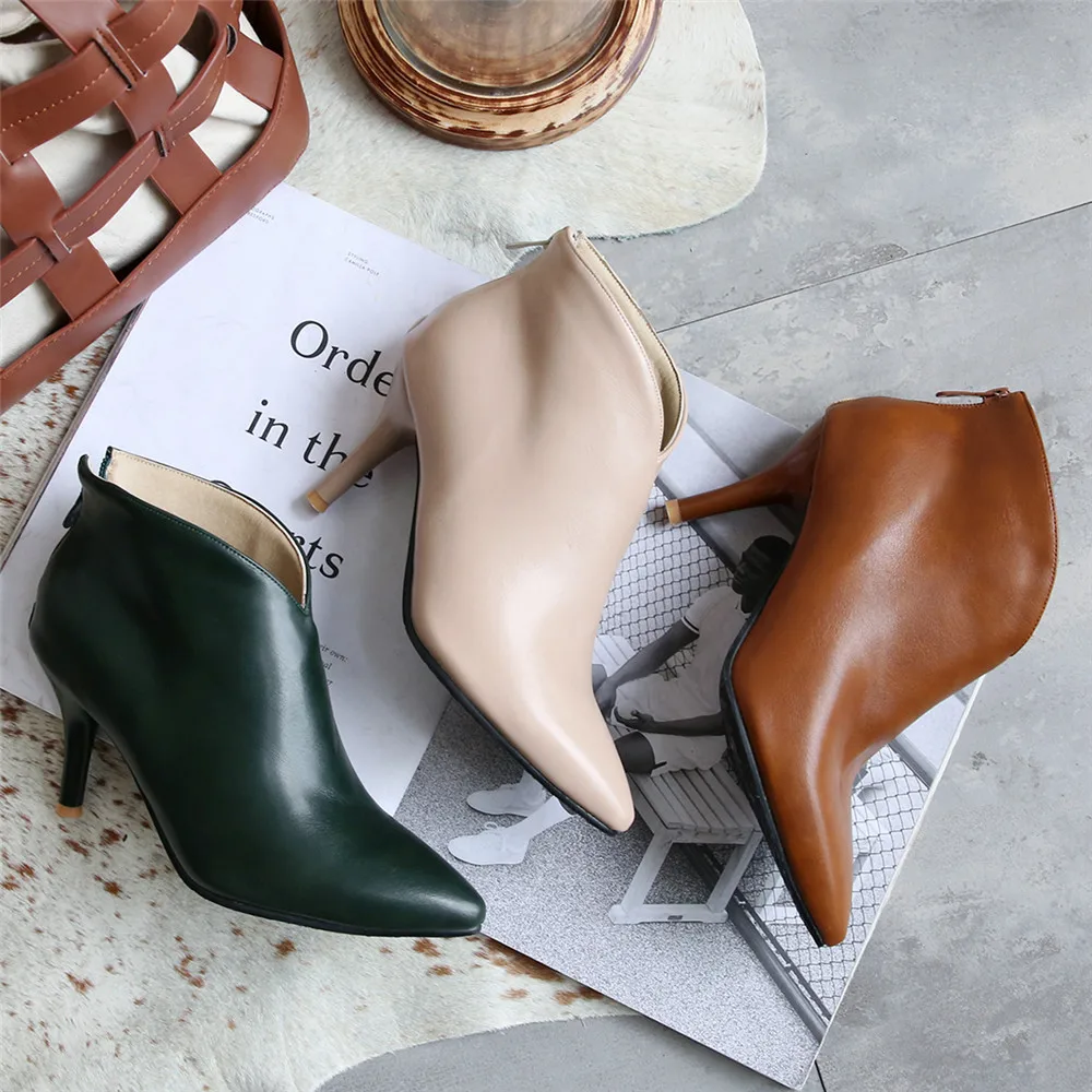 Women Shoes Fashion Metal Zipper Ankle Boots Ladies Elegant Short Plush Sexy Thin Heels Boats Mujer For Girls Size 32-43 Beige