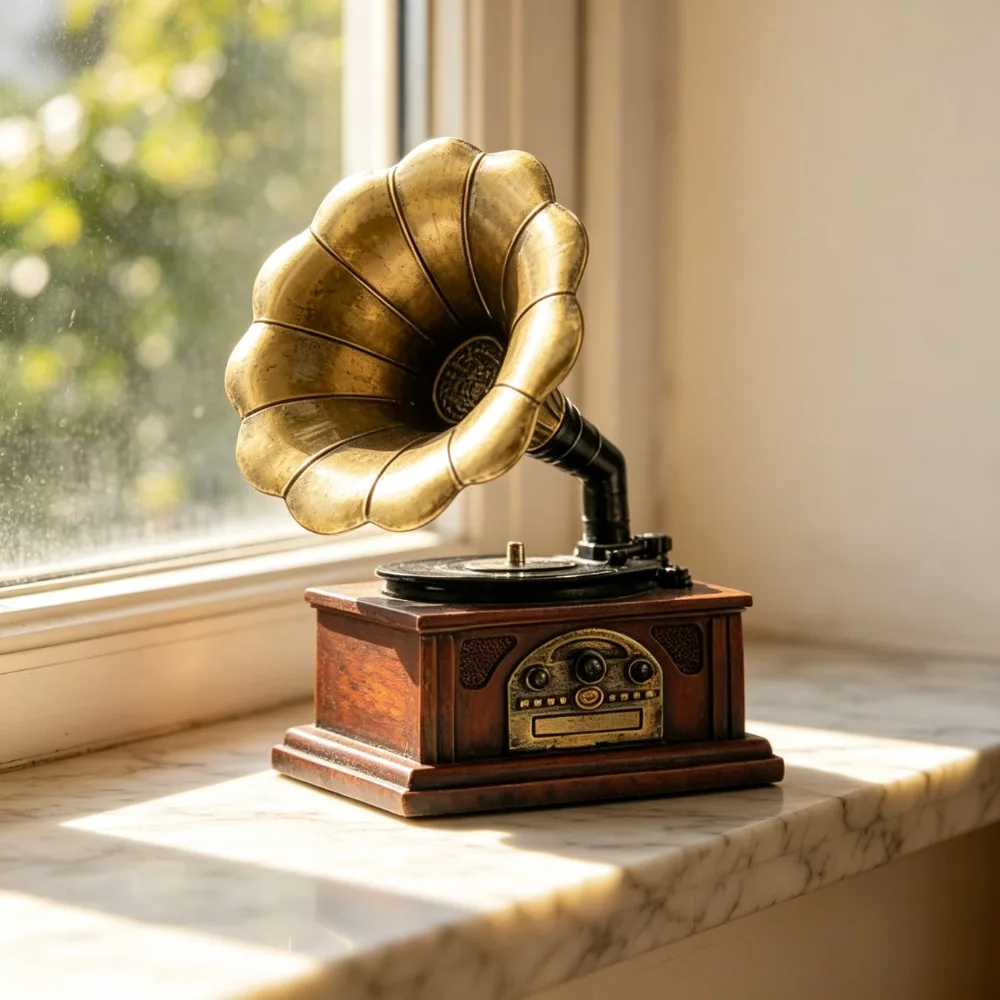 Vintage Gramophone Decorative Ornament Retro Phonograph Statue for Home Living Room Office Shelf Desktop Tabletop Decoration