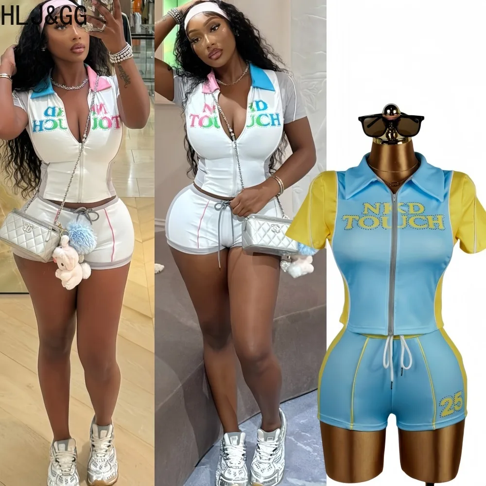 

HLJ&GG Fashion Letter Print Woman 2 Piece Set Outfit Color Card Short Sleeve Crop Top and Pants Suits Female Streetwear 2025 New