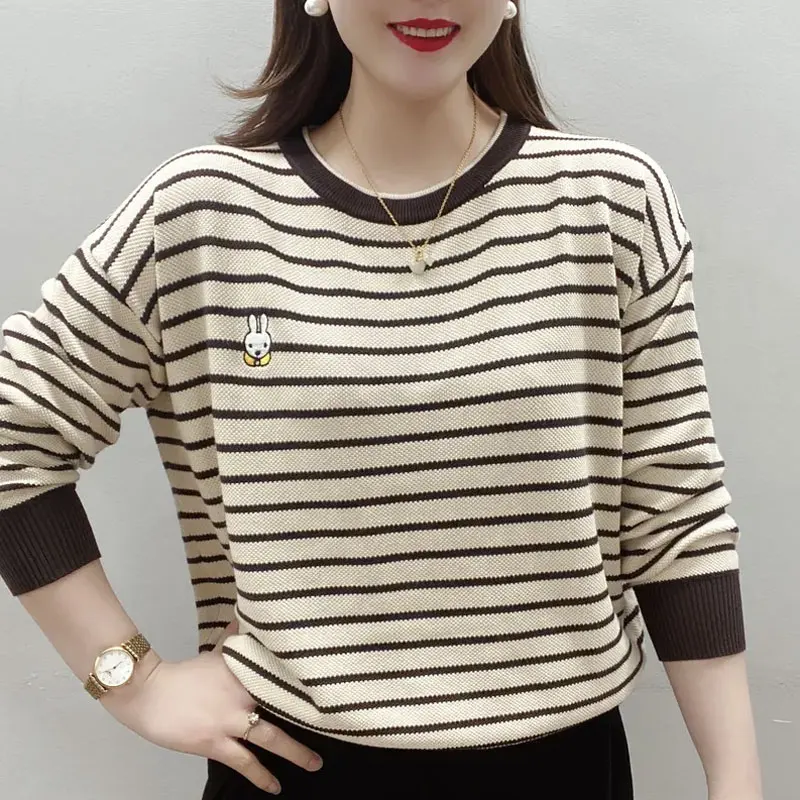 Spring Autumn Striped Loose Blouse Korean Screw Thread Casual Women's Clothing Stylish Cartoon Embroidery Commute O-Neck Shirt