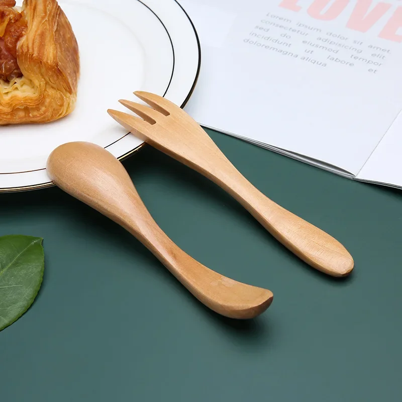 Cute Children's Solid Wood Spoon, Personalized Small Fork, Household Short Handle, Milk Powder Wooden Spoon, Jam, Honey Spoon