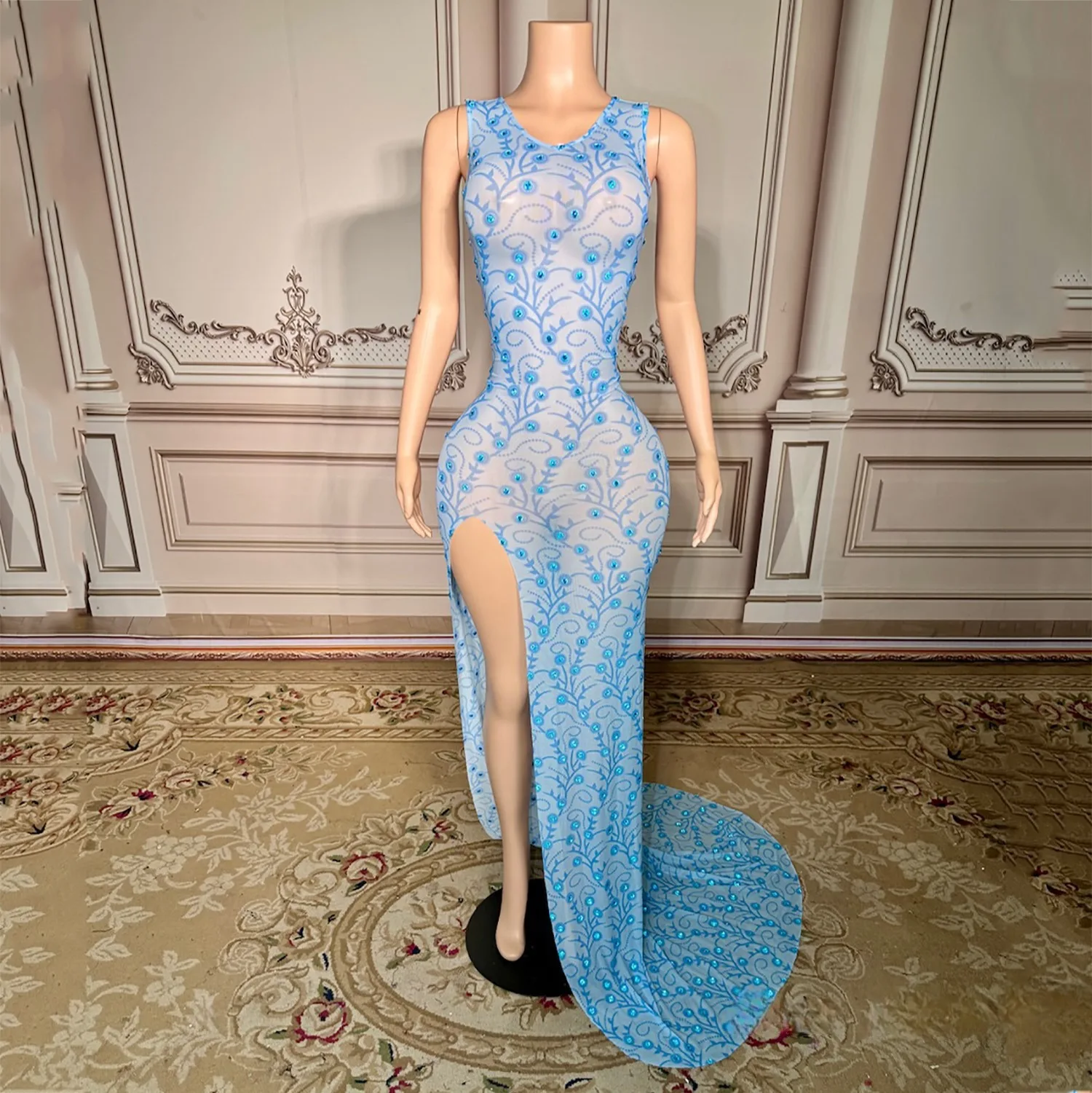 Women luxury Evening Party Prom Gowns Sky Blue Sleeveless Open Leg Printed Diamonds Mesh Long Dress Birthday Celebrity One Piece