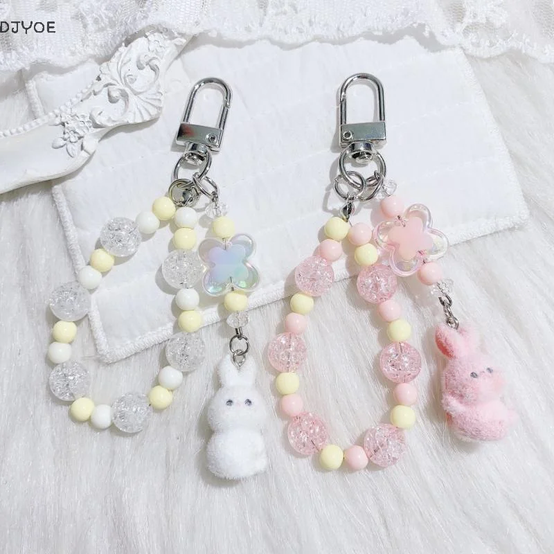 

Appealing Velvety Bunny Keyfob Phone Lanyard Blossom Decor Purse Accessory For Women Adolescent Fashion