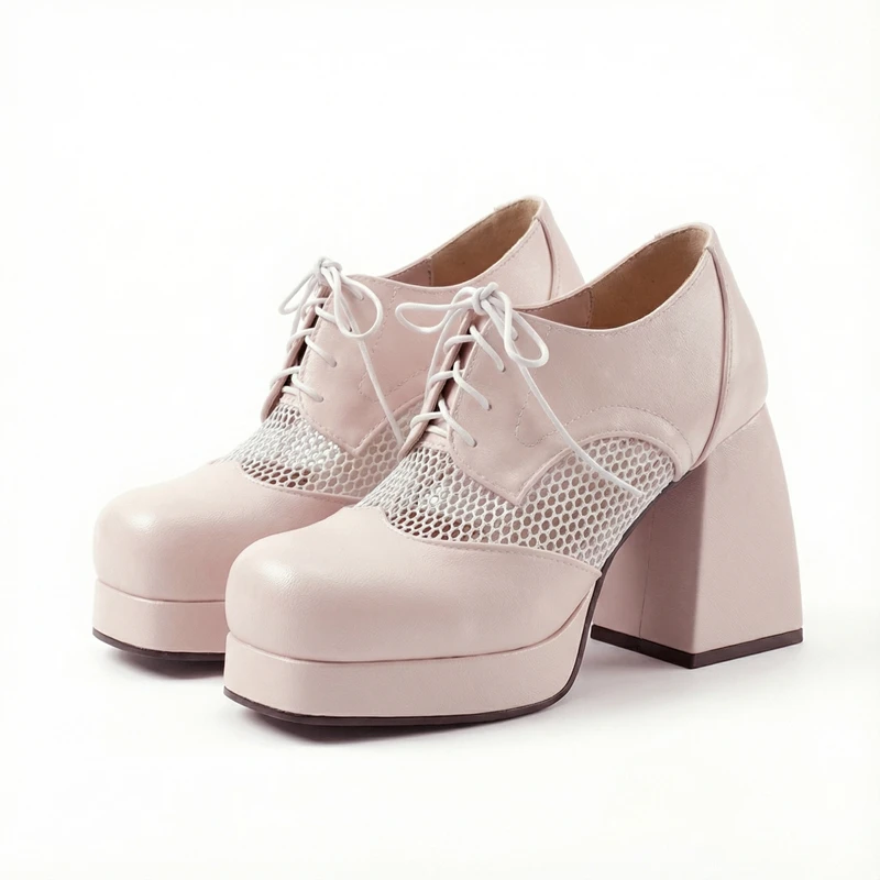 

2026 Spring New Arrival Thick High Heels Pumps Women Square Toe Platform Breathable Hollow Out Mesh Cross Tied Pink Purple Shoes