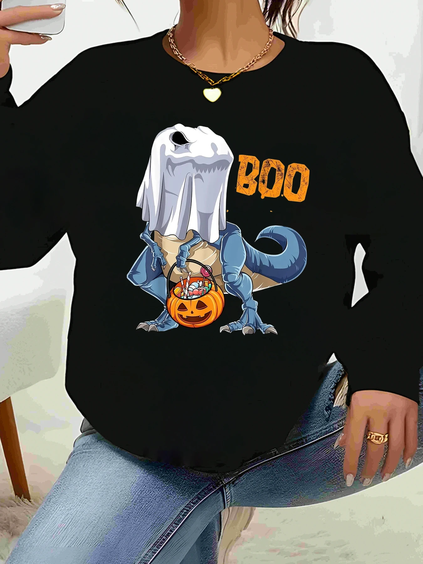 

Толстовка «Призрак динозавра с тыквой Бу» на Хэллоуин, повседневная одежда для женщин