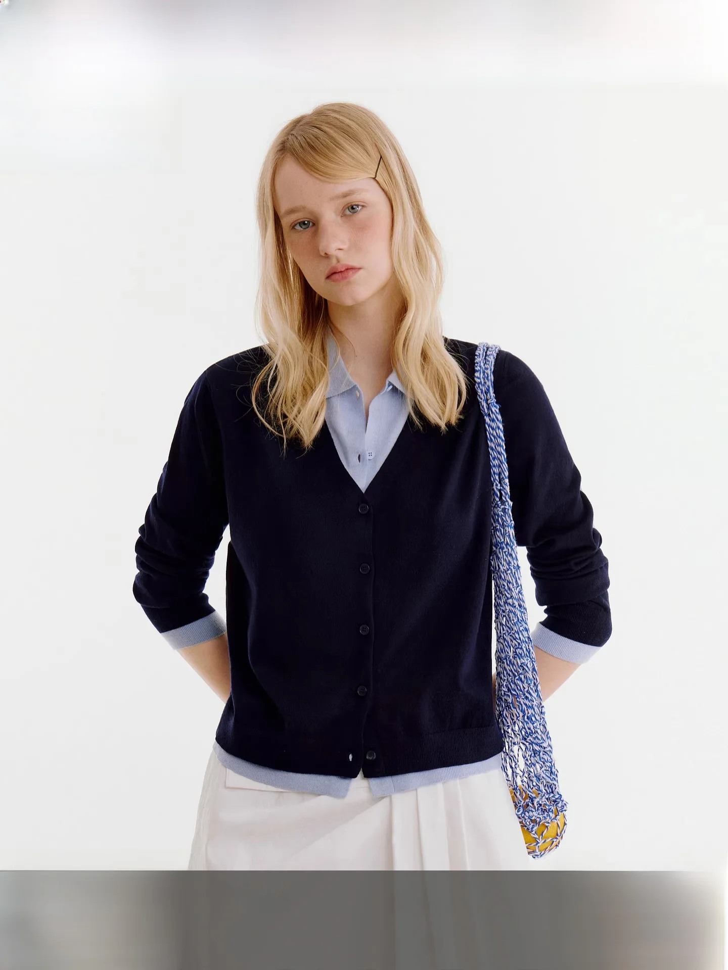 

Fano College Sle Women's Knitted Open Cardigan Spring 2026 New Color Blo Collar Layering Effect Fake Two-Piece Top