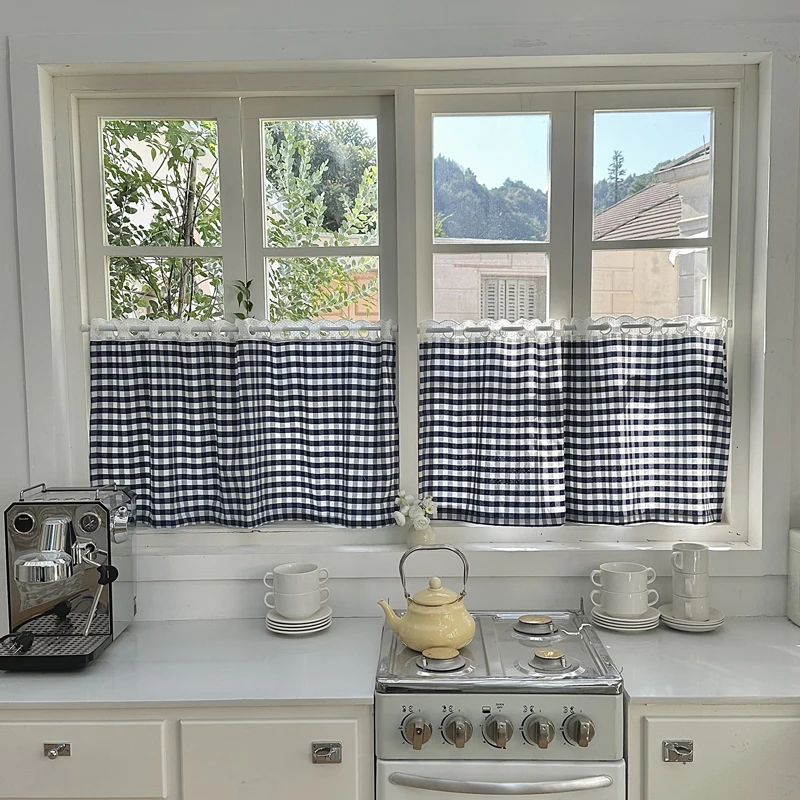 الجاموس تحقق منقوشة نافذة الستائر مع الدانتيل شبه شير ستارة المطبخ مزرعة القماش القطني قضيب جيب الستائر لديكور غرفة نوم #2