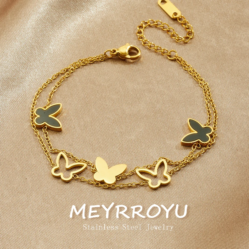 Meyrroyu 316l aço inoxidável preto concha incrustação oco borboleta dupla camada pulseira feminina nova tendência mão corrente festa presente