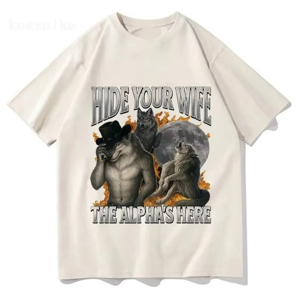 Fashion Hip Hop Casual Cotton Short Sleeve Hide Your Wife The Alpha Is Here Funny Werewolf Meme Graphic Print T-shirts Unisex - view 2
