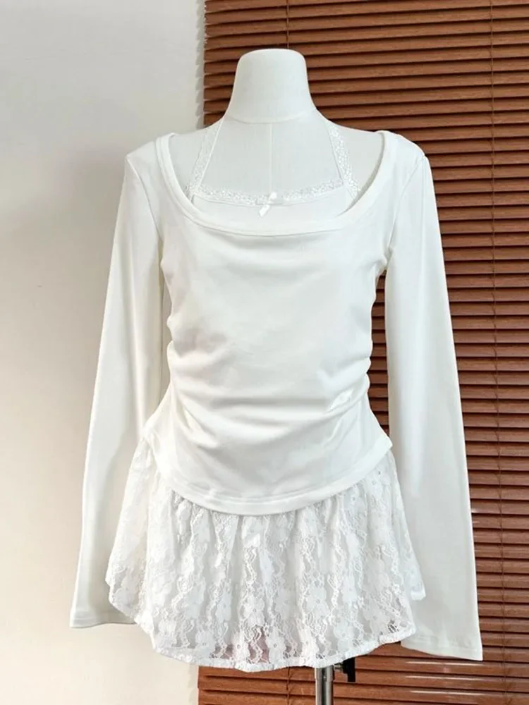 

Fake Two Woman Tshirts Patchwork Lace Long Sleeve Camisetas 2025 Ropa Mujer Fashion Sweet White Women T-shirt Tops Korean Tees