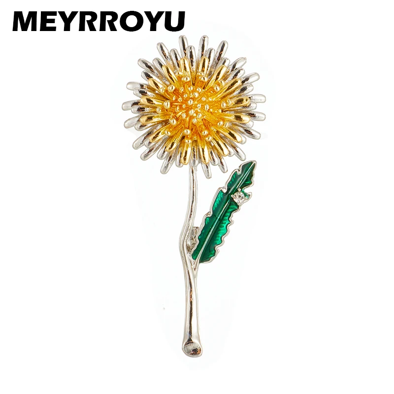 MEYRROYU Sunflower Shape Brooches Women High Quality Zinc Alloy Material Long Green Leaf Woman Pins Brooch on Bags Clothes