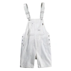 Men White Denim Bib Overalls Shorts Loose Big Pocket Cargo Dungarees Summer Casual Jumpsuits Coveralls