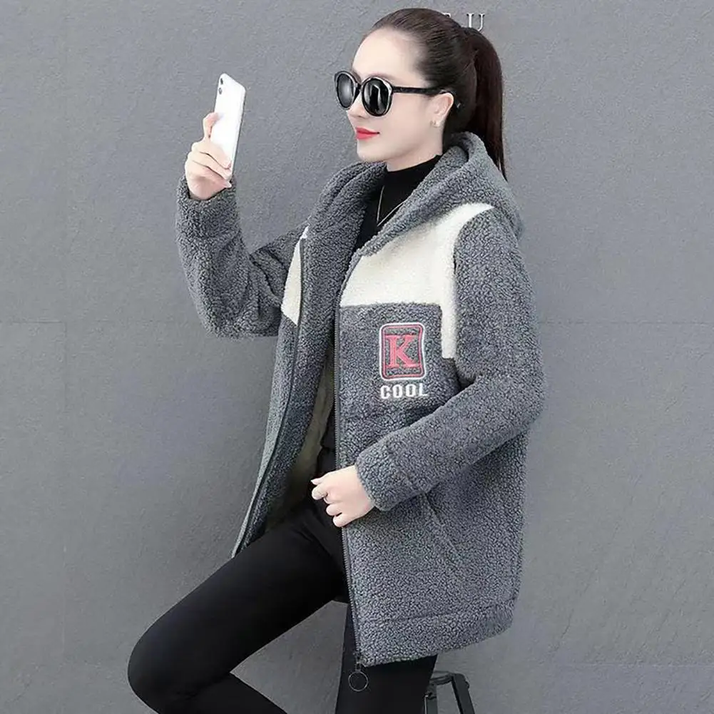 

Women Coat Colorblock Fleece Hooded Coat with Zipper Closure Pockets for Women Warm Winter Cardigan Jacket for Ladies Women