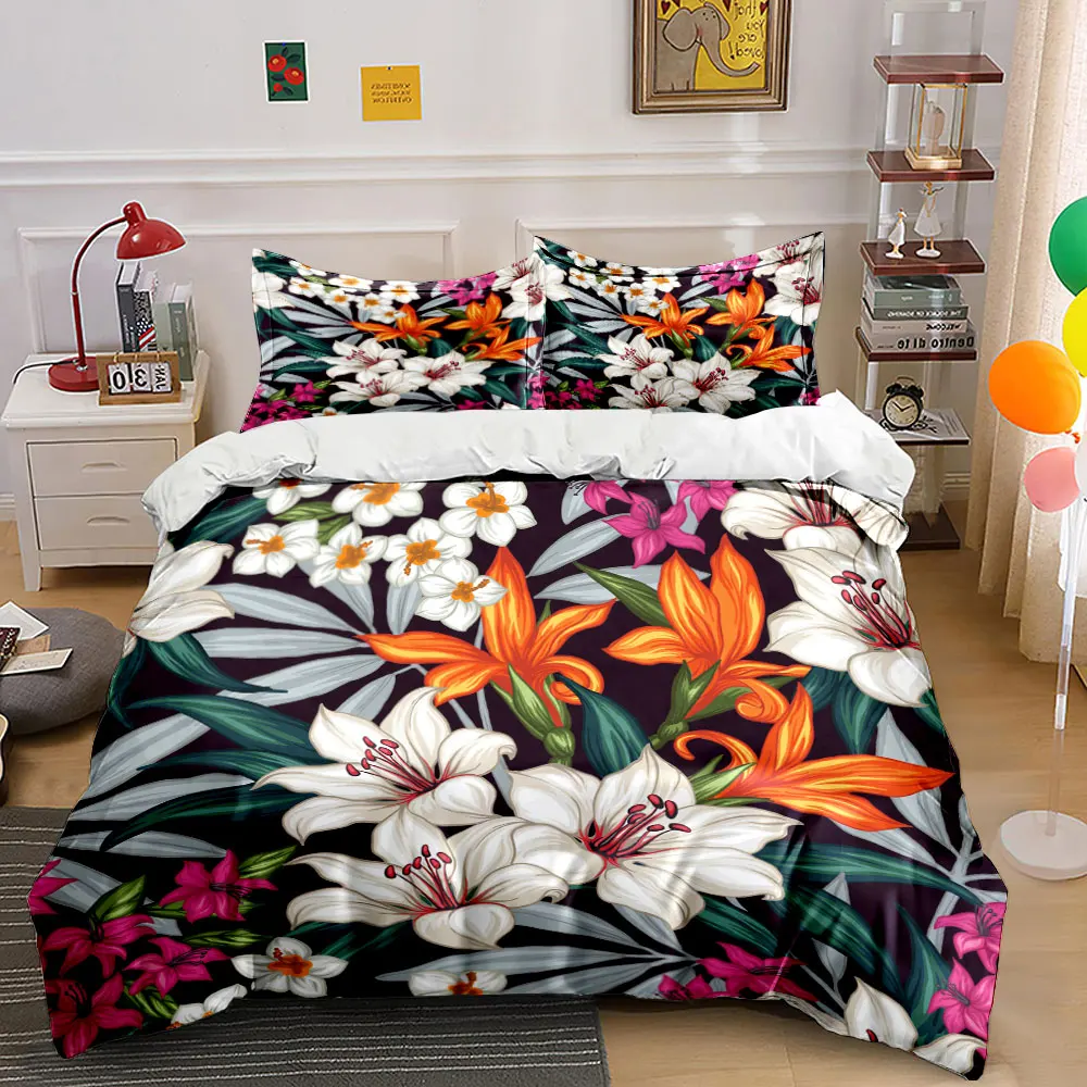

Elegant lilies and orange floral pattern Duvet Cover Set with 3D Printing Design Soft Polyester Bedding Set All-Season Comfort