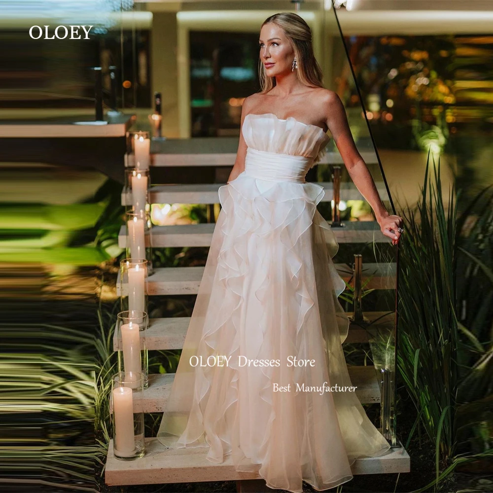 

OLOEY Elegant Ruffles Organza Wedding Dresses Arabic Women Strapless Floor Length Corset Back Bridal Gowns Formal Evening Prom