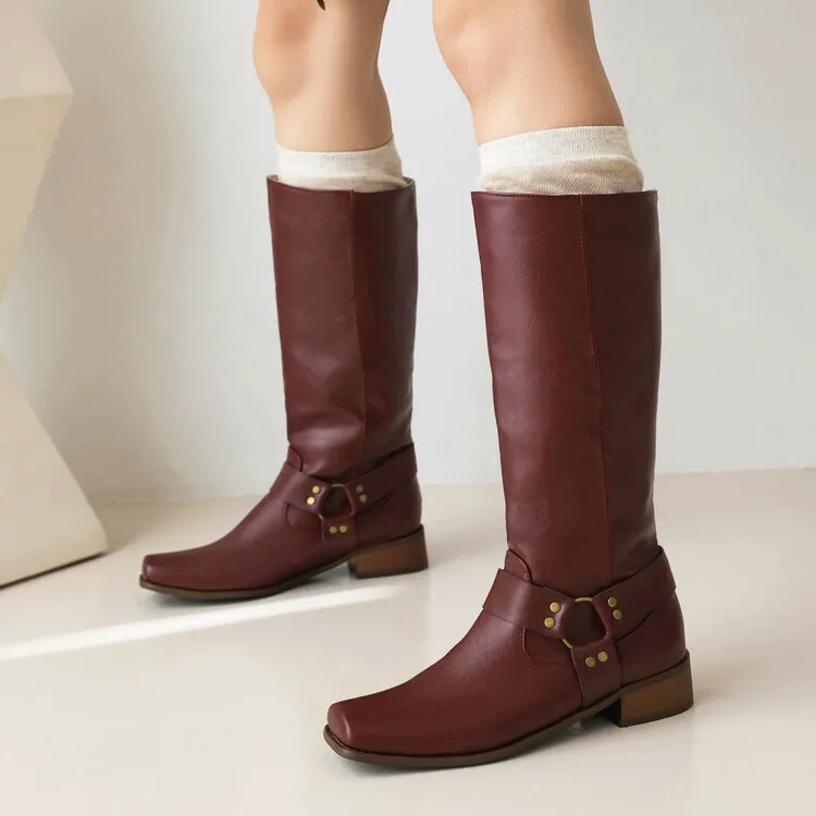 

2025 Spring Summer New Style Rivet Matte Knee-High Boots Square Toe Chunky Mid Heel Women's Boots