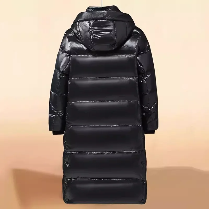 2025 جديد أسفل سترة الرجال منتصف طول زوجين الذهب الأسود الأبيض بطة أسفل سترة سميكة الركبة طول الشتاء سترة Womwen الاتجاه