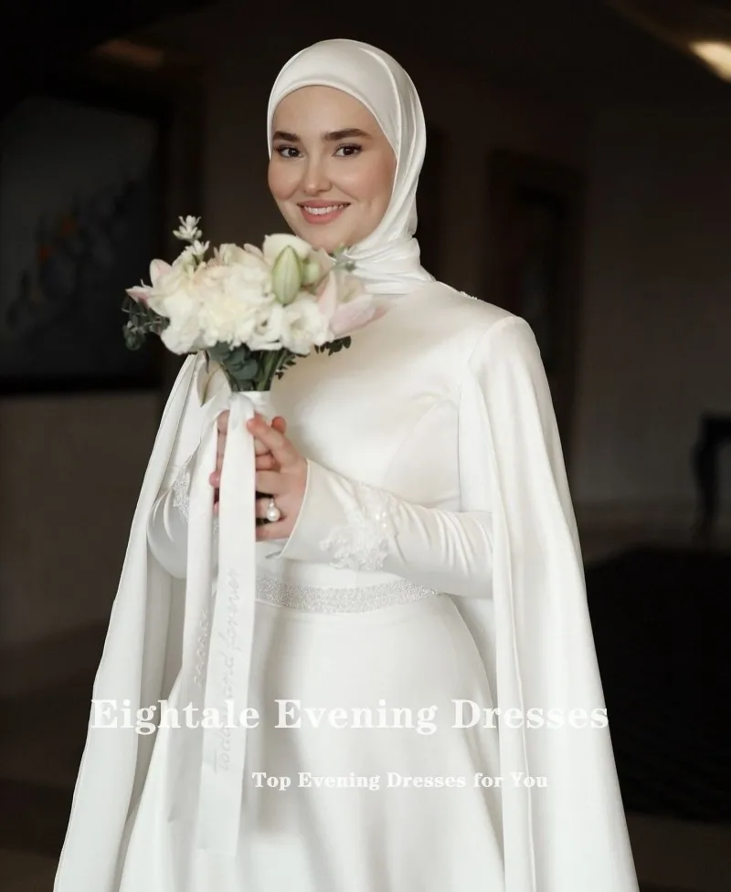 Eightale Muslim Wedding Dress High Neck Satin Customized Beaded Sashes Arabic Bridal Gown Long Sleeves Vestido De Noiva image 6