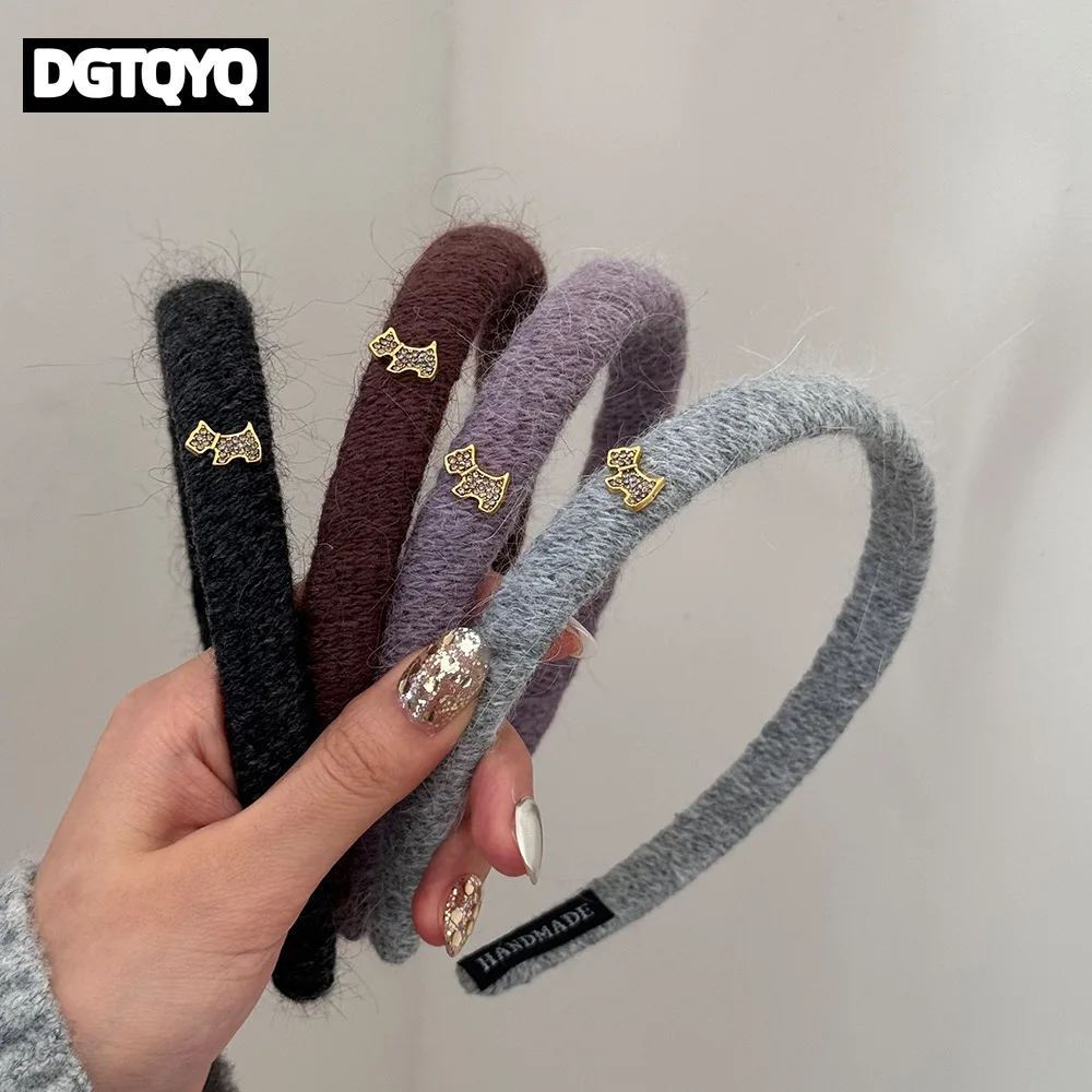 

Luxury Metal Puppy Dog Plush Texture Headbands for Women Girls Vintage Elegant Solid Color Fabric Sponge Thick Hair Headwear