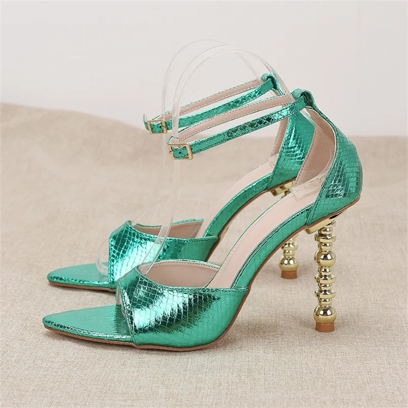 Gold Irregular Heel, Large Size, Green Snake Pattern, Pointed Side Air, Sexy Ultra-High And Slim Heel Sandals For Women