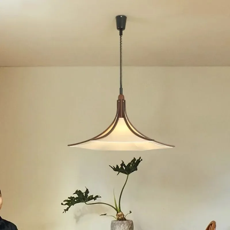 Retro Medieval Solid Wood Chandelier Adjustable Height Fabric Lamp for Dining Room Wabi Sabi Style Hanging Light Fixture