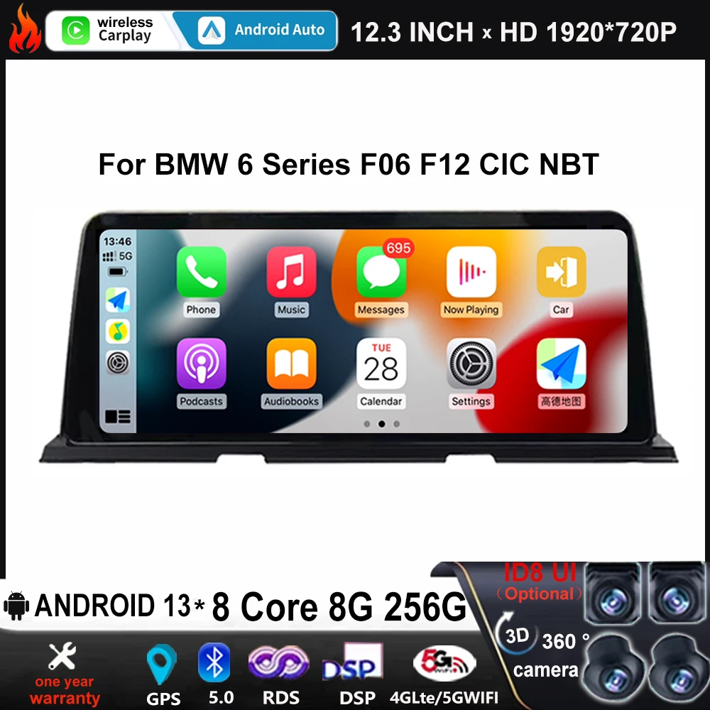 

12.3 Inch For BMW 6 Series F06 F12 F13 2010 - 2017 NBT CIC System Android 13 Car Multimedia Player Carplay Auto GPS Navigation