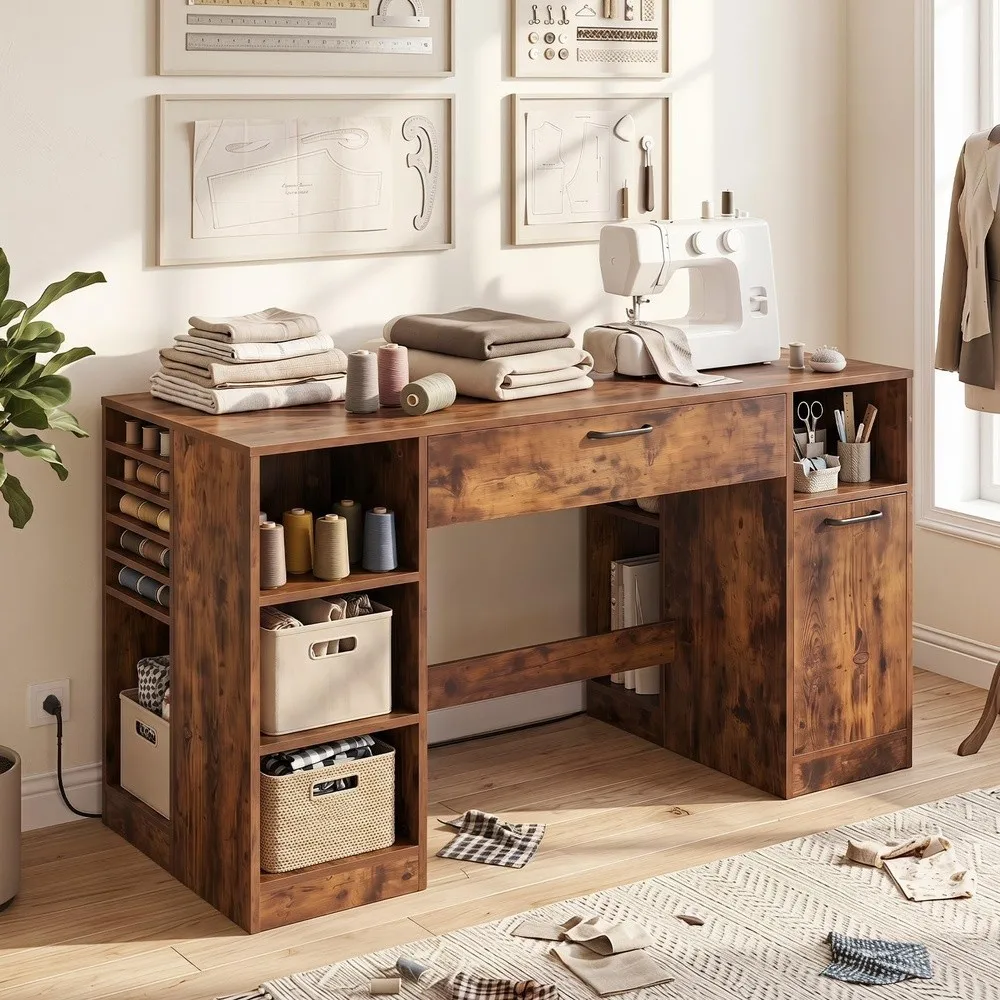 Sewing Machine Table with Power Outlets Massive Storage (Brown)