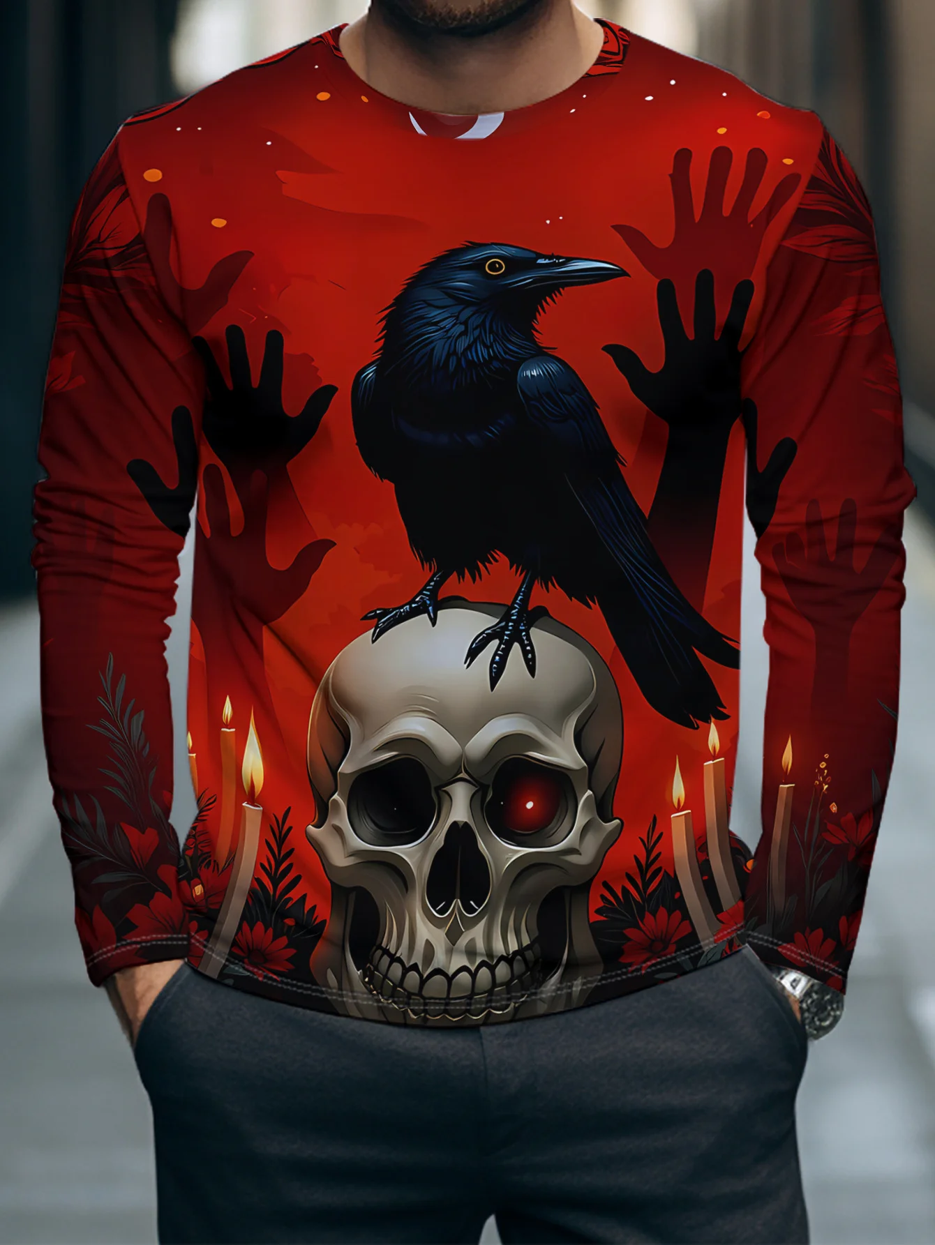 Men Halloween Raven Skull Candle Graphic Long Sleeve T‑Shirt 3D Print Crew Neck Casual Pullover Streetwear Tops