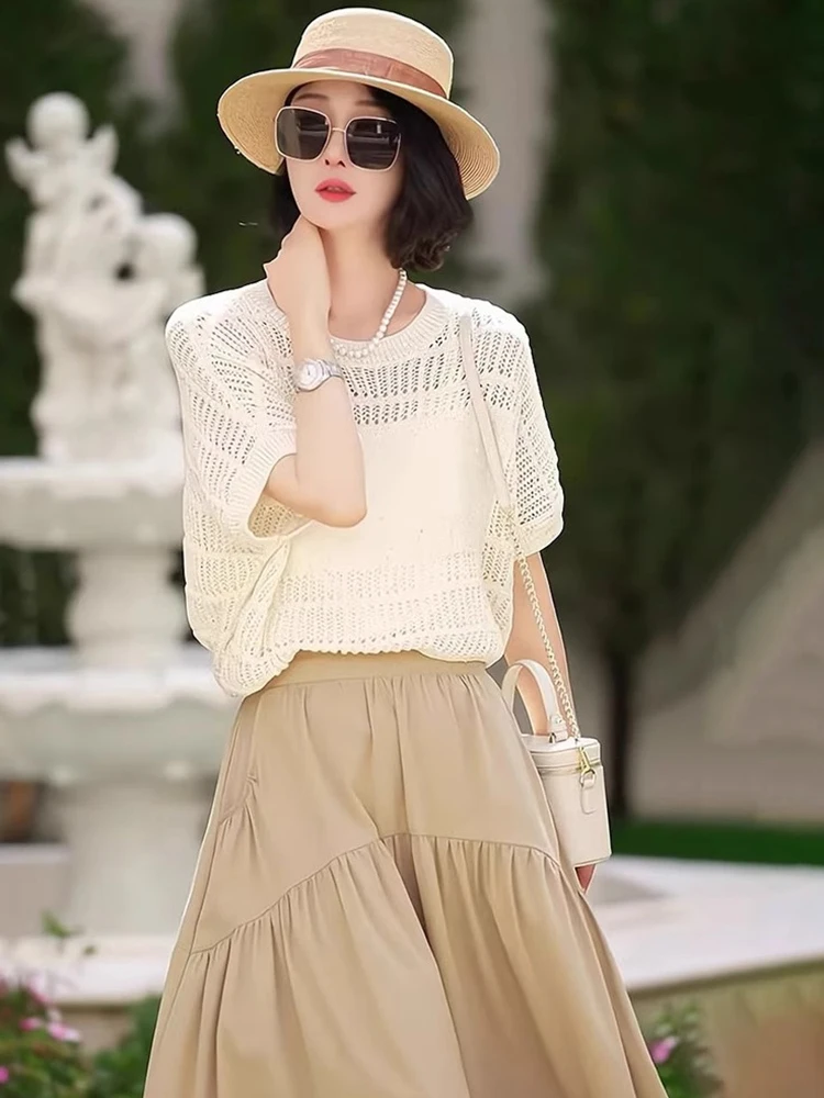 Slimming Hollow out Short Sleeve Pullover Base Shirt Women's Fashionable Sun Protection Cover up 2026 New Pure Color Simple D...