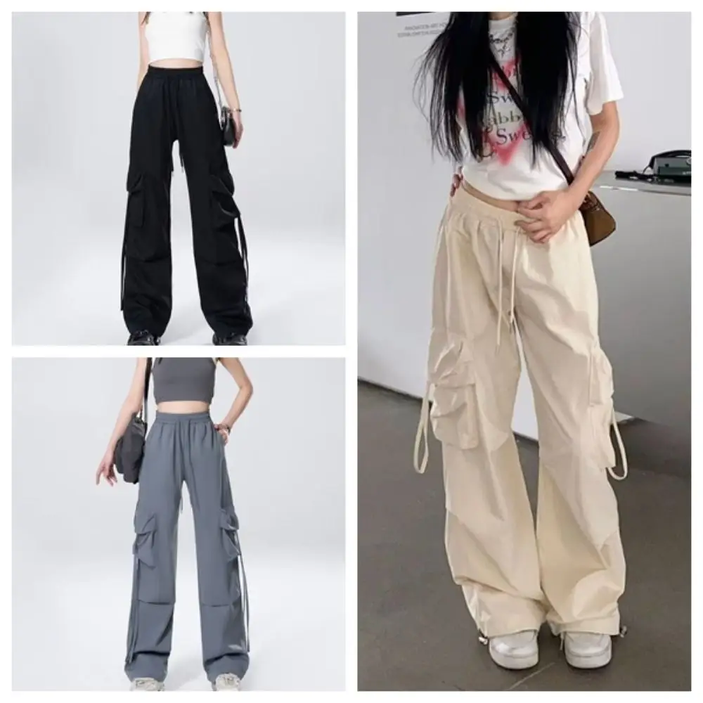 الرباط واسعة الساق Sweatpants متعددة جيوب المتضخم السراويل البضائع الفضفاضة Y2K عالية الخصر النساء ركض بنطلون رياضي