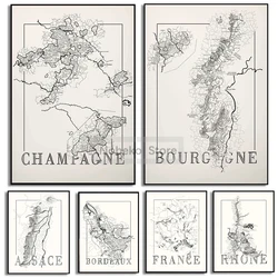 Vintage France Wine Map Poster Wine Brewing Drawing Map Prints Canvas Painting Wall Art Pictures Home Room Retro Map Decoration