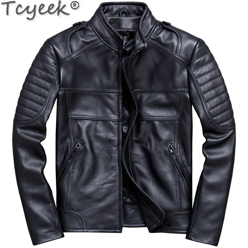 

Tcyeek Real Leather Jacket Men Cowhide Jackets Coat Spring Autumn Fashion Casual Motorcycle Stand Collar Slim Coat Men Special