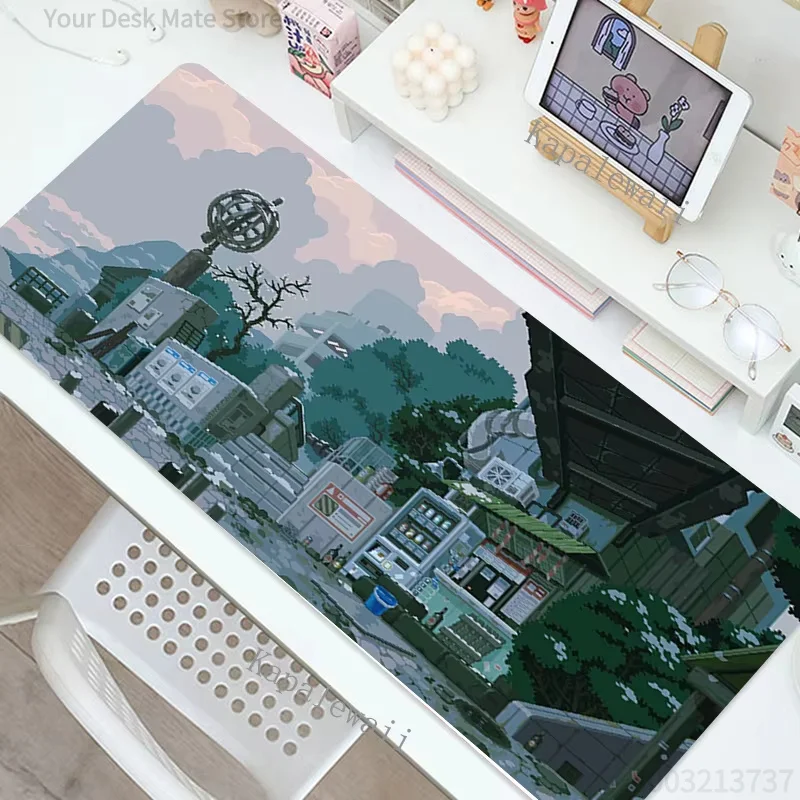 Calm Blue Tone Night Downtown Alley Flower Mouse Mat Waterproof Non-Slip Aesthetic Anime Town Computer Decor