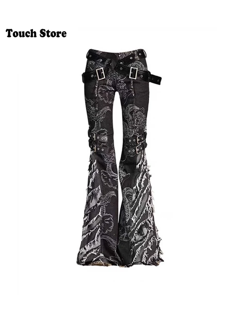 Kobiety Goblin Core Bell-Bottom Low Rise Print Flare Denim Pants Long Trousers Tide Dark Academia Abi Y2k Japanese Streetwear Goth