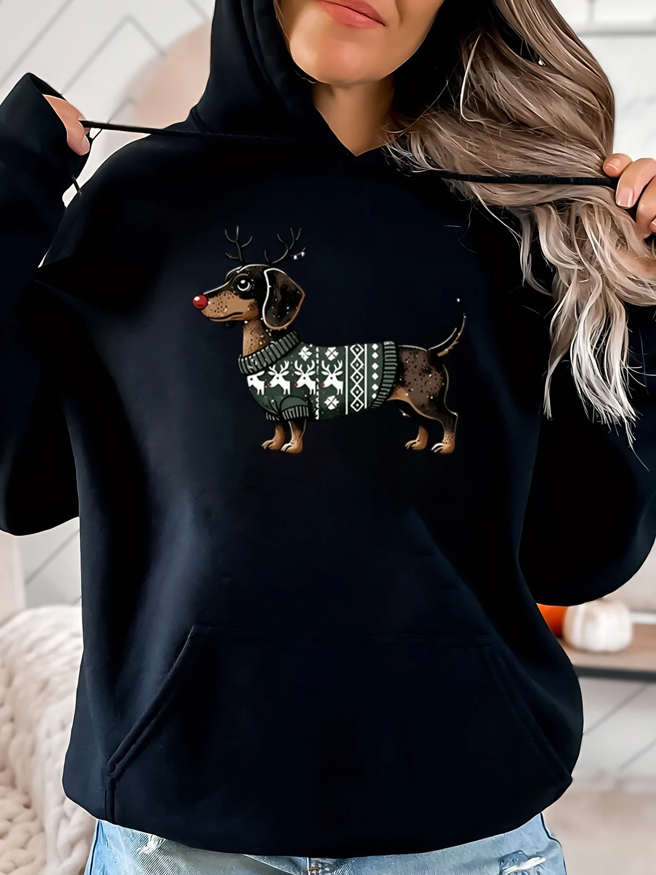 

Dachshund Reindeer Christmas Print Hoodie Women Holiday Casual Wear Black Plus-Size