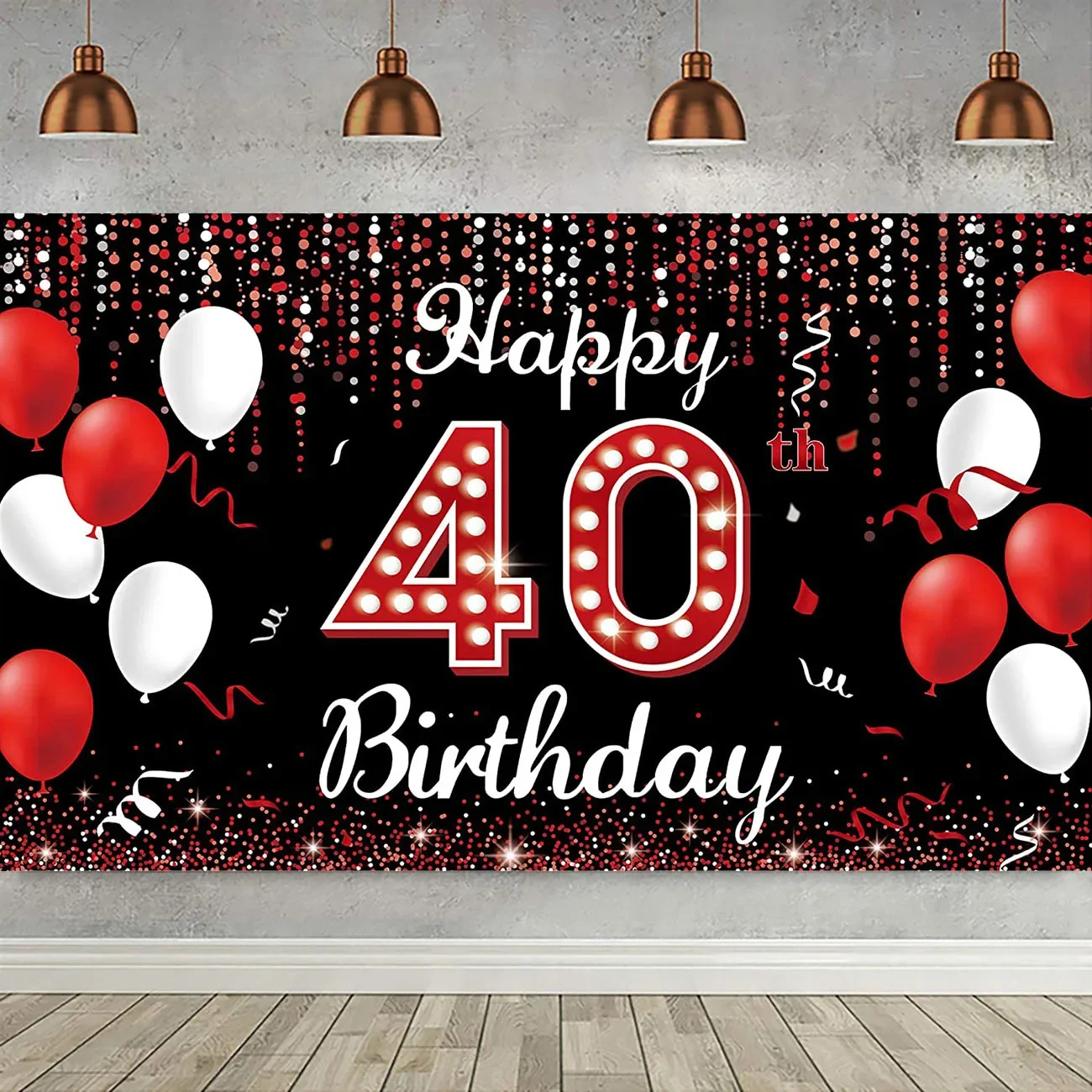 Happy 40th Birthday Party Decoration Cake Table Backdrop for Women Red Black 40 Years Old Forty Bday Poster Background