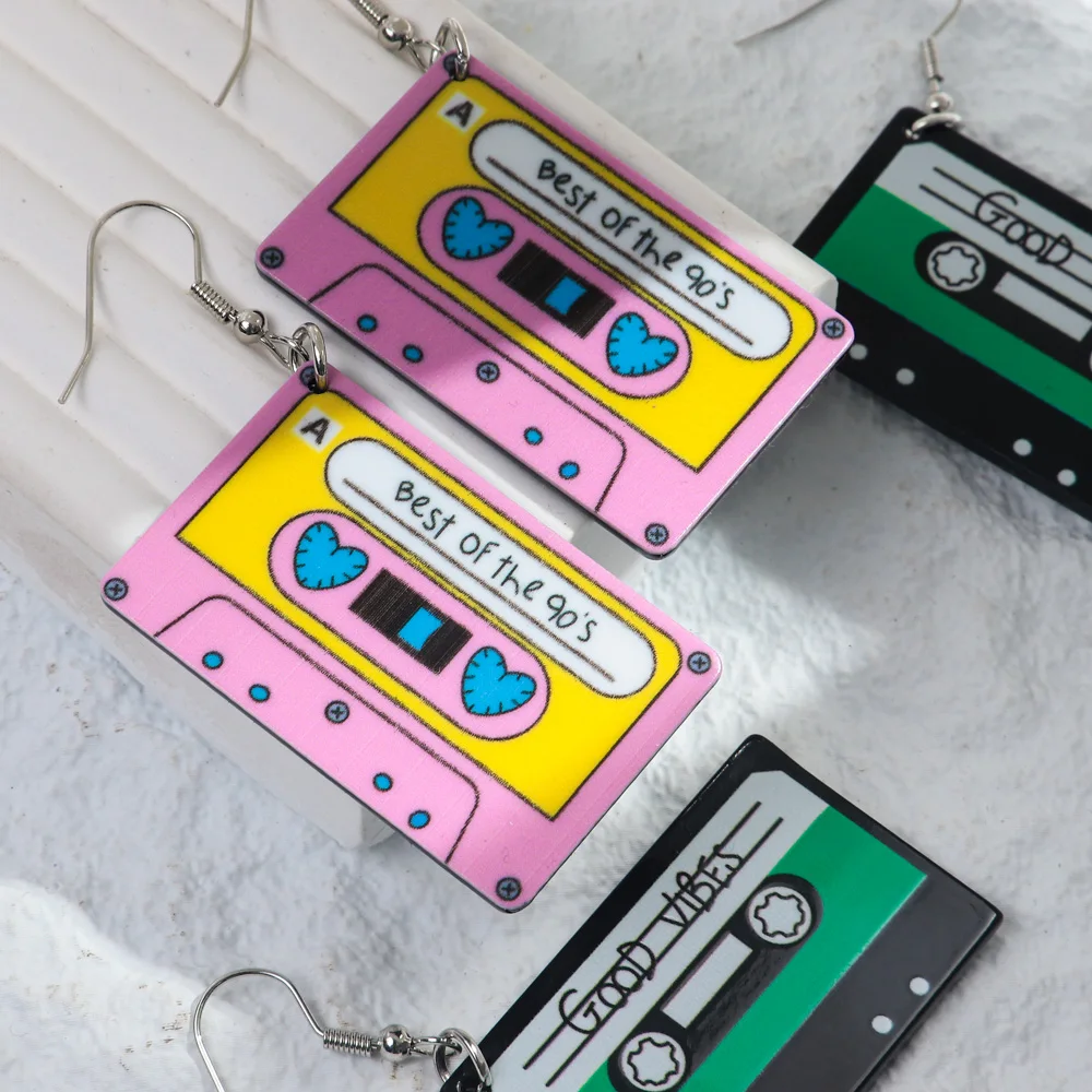 Creative Acrylic Best of the 90s Letter Magnetic Tape Earrings for Women Cute Square Cassette Tape Dangle Earrings Jewelry Gifts