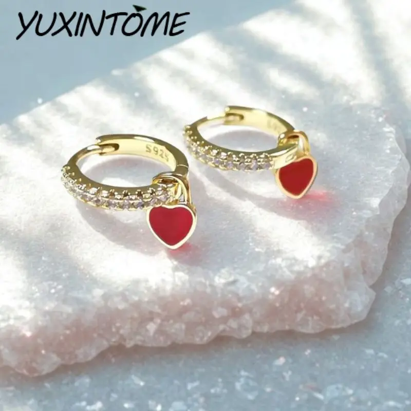 

925 Sterling Silver Ear Needle Simple Versatile Enamel Epoxy Colorful Heart-shaped Pendant Circle zircon Earrings Jewelry Gift