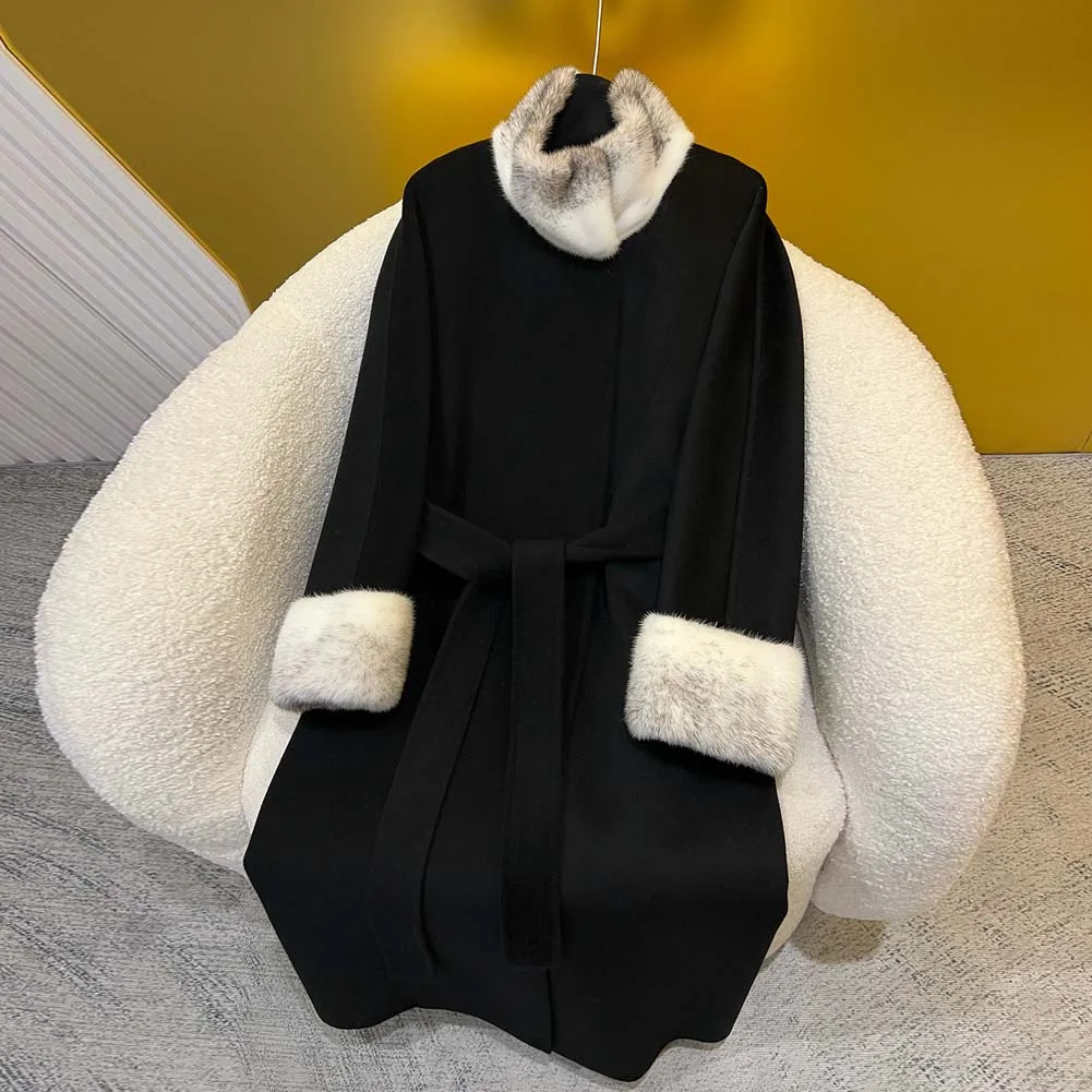 

High quality Winter Women Thick Warm Cashmere Coat Elegant Overcoat Patchwork Mink Fur Woolen Coats