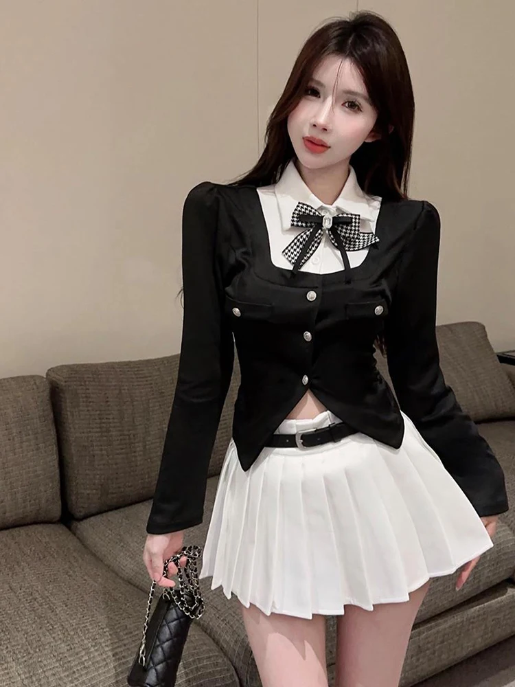 

Korean style spicy girl college style fake two-piece polo collar bow top high waist pleated pants skirt two-piece set